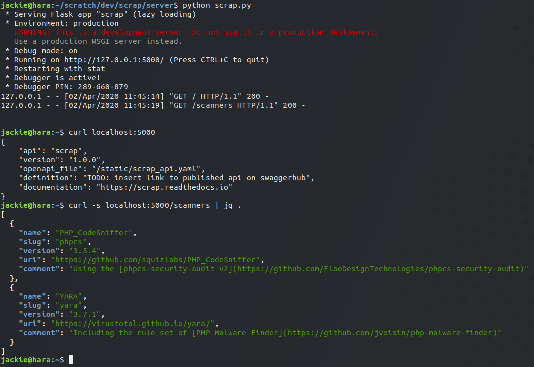 Screenshot of a running dev server and a curl request